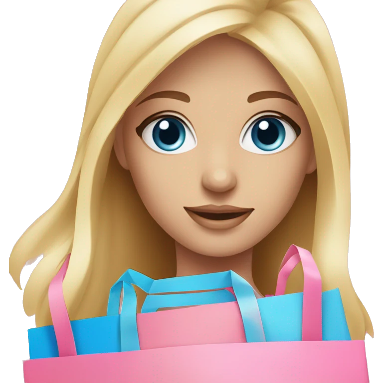 cute blonde with blue eyes surrounded by pink shopping bags emoji