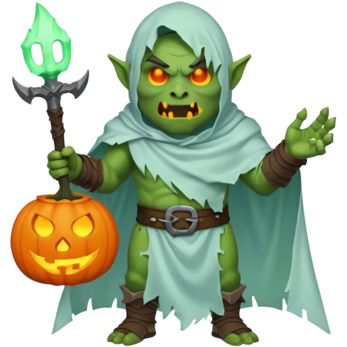 male orc warrior ghost emoji, green skin, tusks, wearing torn white ghost sheet costume, holding glowing jack-o'-lantern, faint blue aura, friendly but spooky expression, Halloween fantasy theme, Apple emoji style, clean white background, square emoji