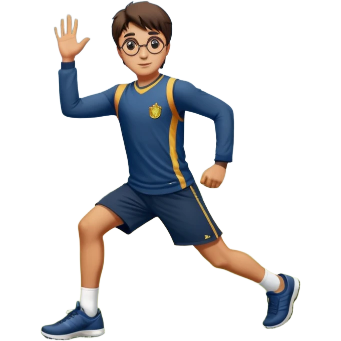 Harry Potter is in sports clothes doing morning exercises, he is in the field before his magic school emoji
