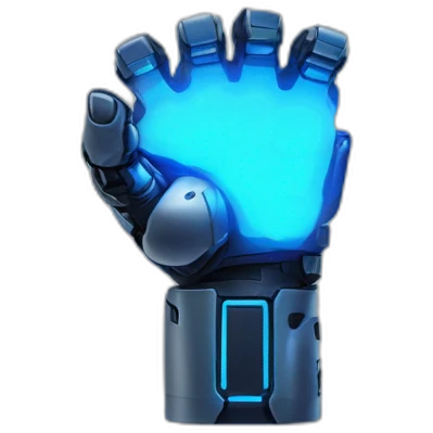 robotic fist with the pinky, pointer finger, and thumb outstretched, with dark blue glow emoji