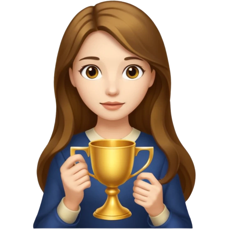 A woman holds a golden cup in her hands. There is a glow around the girl. emoji