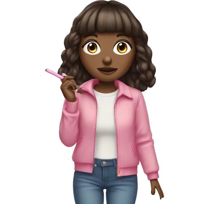 Brunette blue eyed girl with bangs pink outfit with a cbd blunt in her hand  emoji