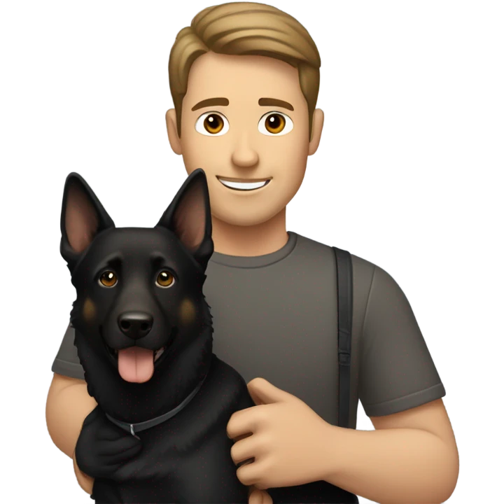 man with little brown hair carrying a black German shepherd dog emoji