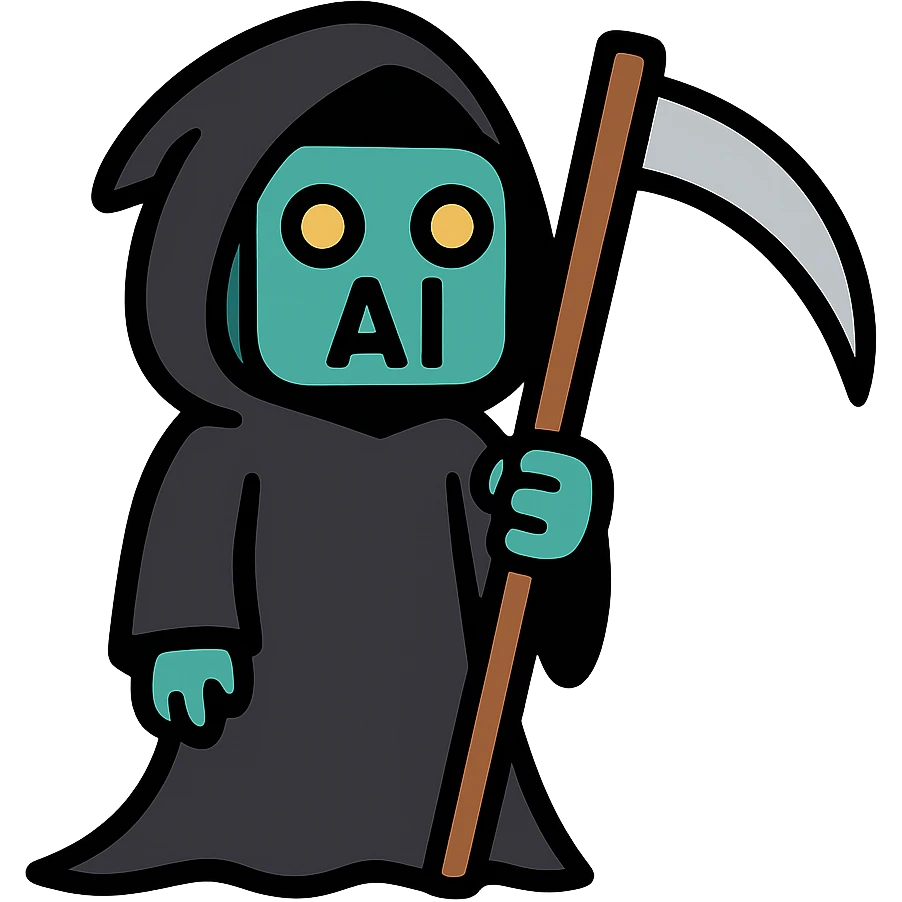 flat toon style AI robot as the Grim Reaper with simple shapes, bold lines, holding a scythe emoji