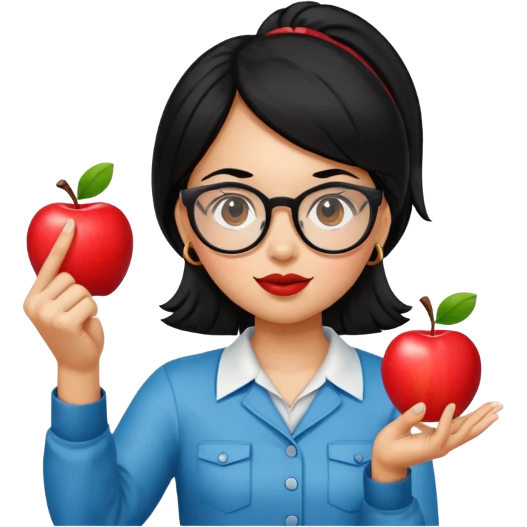 Guatemalan Girl with Black hair and Nerdy Glasses sticking up pointer finger, holding an apple emoji