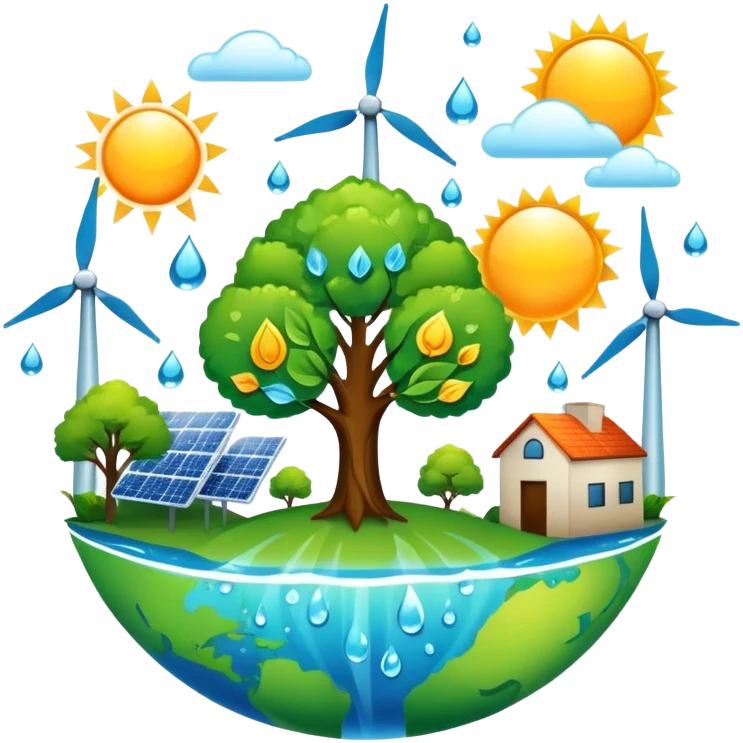 An icon featuring a green Earth, a tree, recycling symbols, and renewable energy sources like wind turbines, solar panels, and hydropower. The design includes animals, water droplets, and the sun, representing ecology, sustainable energy, and environmental protection. Transparent background. emoji