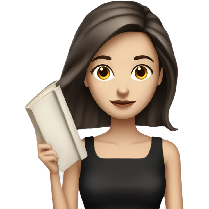 Beautiful skinny white woman long dark brown hair in dark dress with book emoji