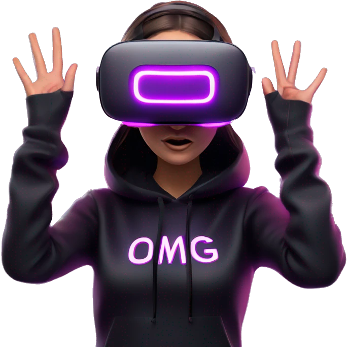 Russian girl wearing black hoody with violet letters "OMG", in vr headset oculus quest2. Dancing. Cyberpunk style. Violet neon. emoji