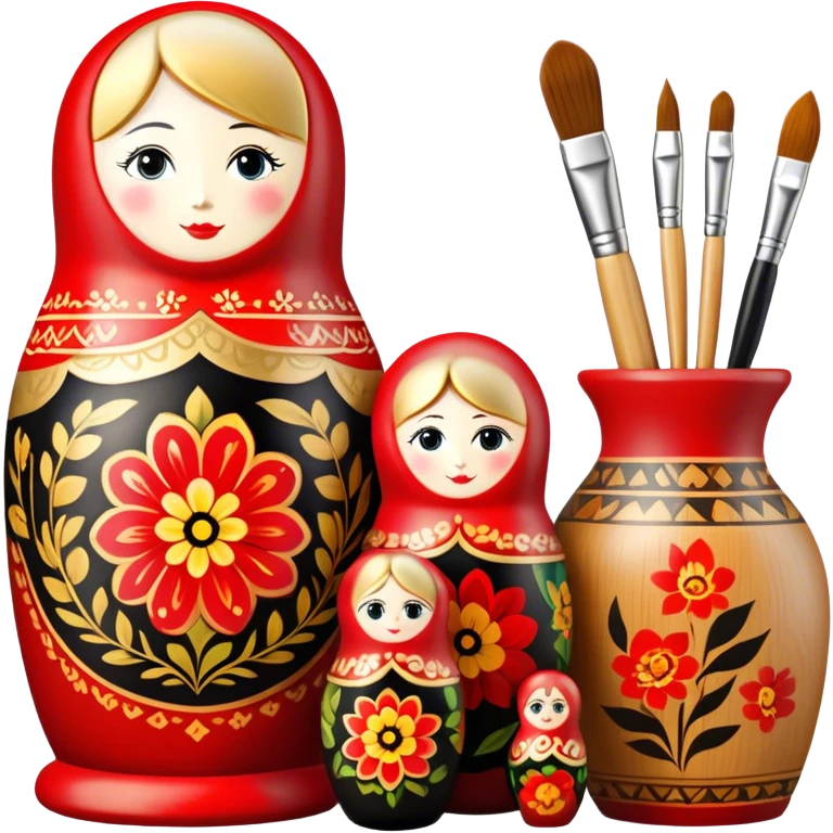 Wood painting icon, painted wooden matryoshkas (nesting dolls) of various sizes, vase, and small wooden box, visible carving tools, paintbrushes, traditional patterns in bright colors like red, gold, and black, no finished artwork, just the crafting process, minimalistic style, clean lines, transparent background. emoji
