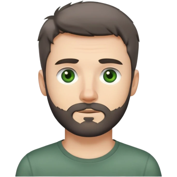 white man with dark messy short hair, dark green eyes, gray t-shirt, and short beard emoji