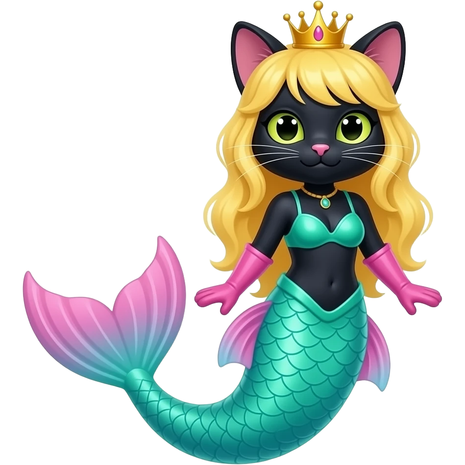 black anthro cat #B8FFFF mermaid tail with pink fins and long pink gloves  yellow hair crown green swimsuit emoji