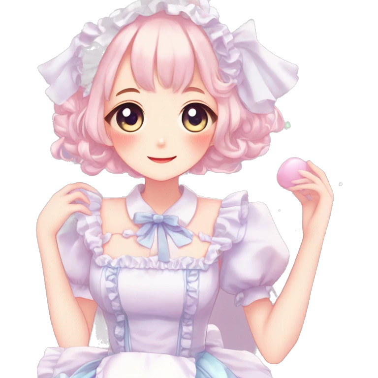 Gorgeous anime style girl blushing face maid outfit Lolita idol model colorful shiny sparkle kawaii pastelcore cottagecore pearly petite simplistic aesthetic trending style emoji