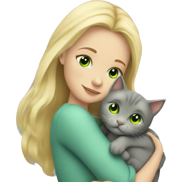 blonde girl with green eyes cuddling grey cat emoji