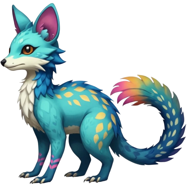 Beautiful pretty cool edgy elegant realistic Feral Rare Fantasy colorful vibrant Vernid-Trico-species-Fakemon-creature by LiLaiRa, random markings, tufted tail, tufted ears, full body emoji
