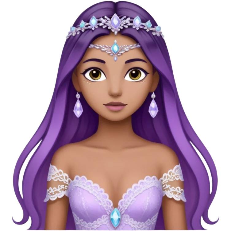 enchantress goddess wearing a embellished shimmering light powder white lace and swarovski lilac gown with tanned skin and super long straight dark brown hair emoji