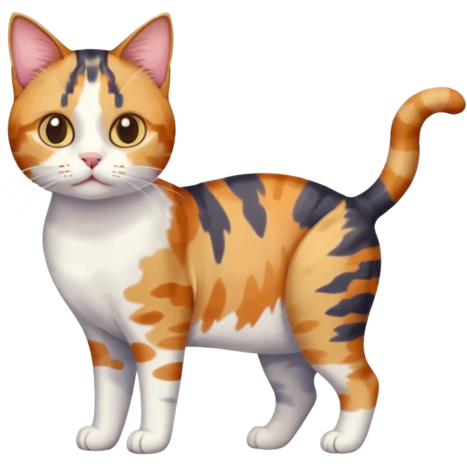 full body anxious looking colourful patchy calico tabby cat with tiny head to large body with fully white front legs emoji