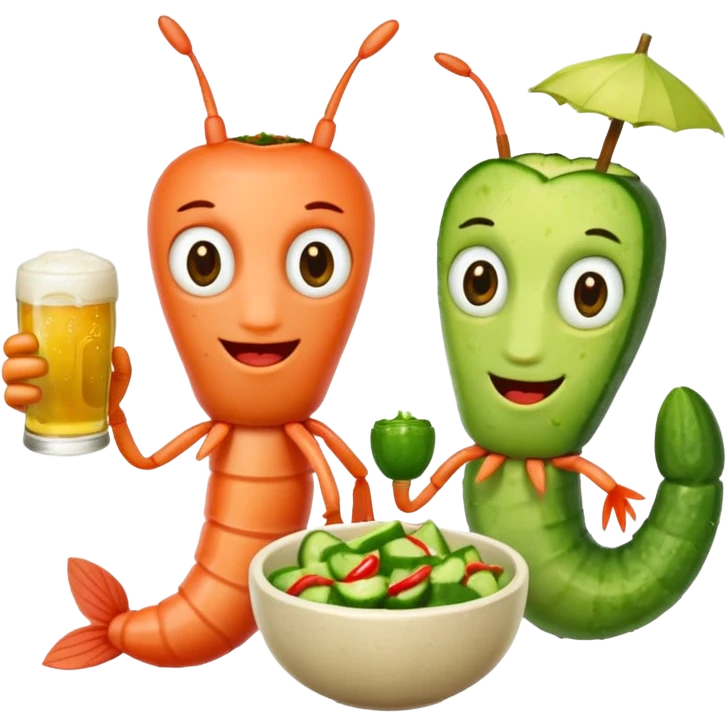 Create a modern emoji-style illustration of two shrimp characters, friendly and cool, slightly cartoon but stylish, not childish.
They are toasting (‘salud’), one shrimp holding a beer mug with aguachile topping, the other holding a fresh aguachile bowl with cucumber and chili.
  emoji