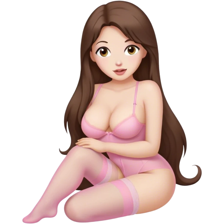 Buxom brunette long hair intimate sfw light pink nylon stocking pose emoji