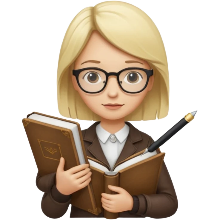 writer holding pen in hand and closed book in other hand, with blonde hair and wearing glasses emoji
