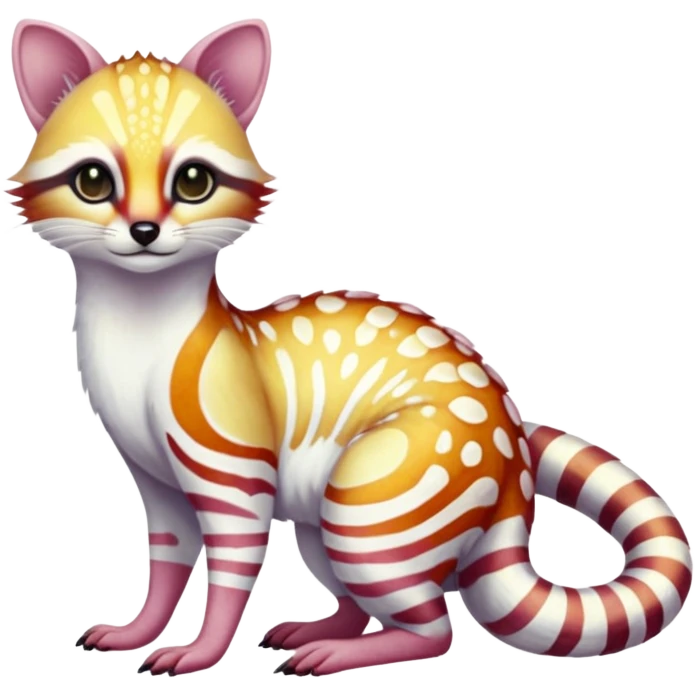 Iridescent white albino colorful fruity blingy crystalline Genet-Numbat-Ocelot-Tanuki-Cheetah-Ocicat-hybrid-fusion, full body emoji