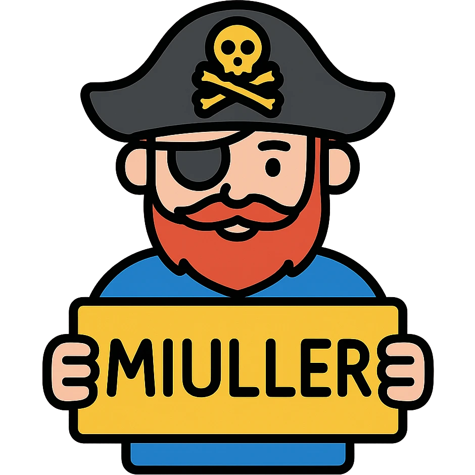 a classic pirate with an eye patch and hat holding a sign that says MIULLER, colorful icon style, clean lines, neutral background emoji