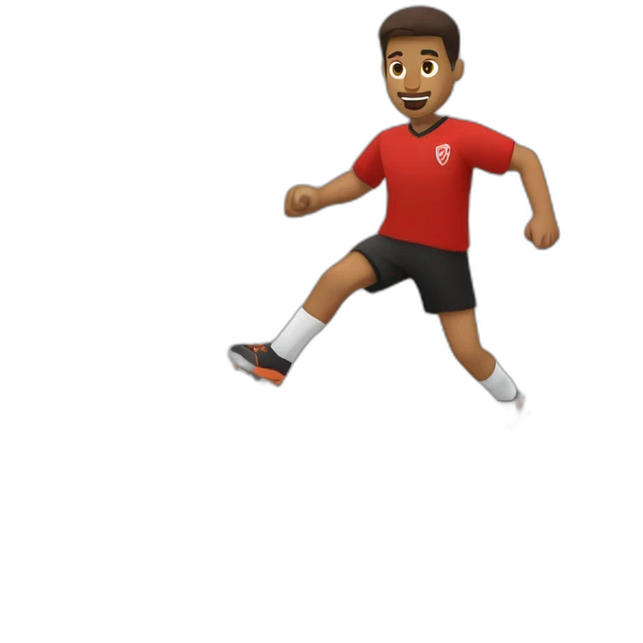 brown man juggling soccer ball, red shirt, black trousers, sneaker shoes, short hair, soccer ball,  emoji