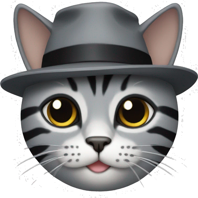 a gray cat with black stripes with a black hat emoji