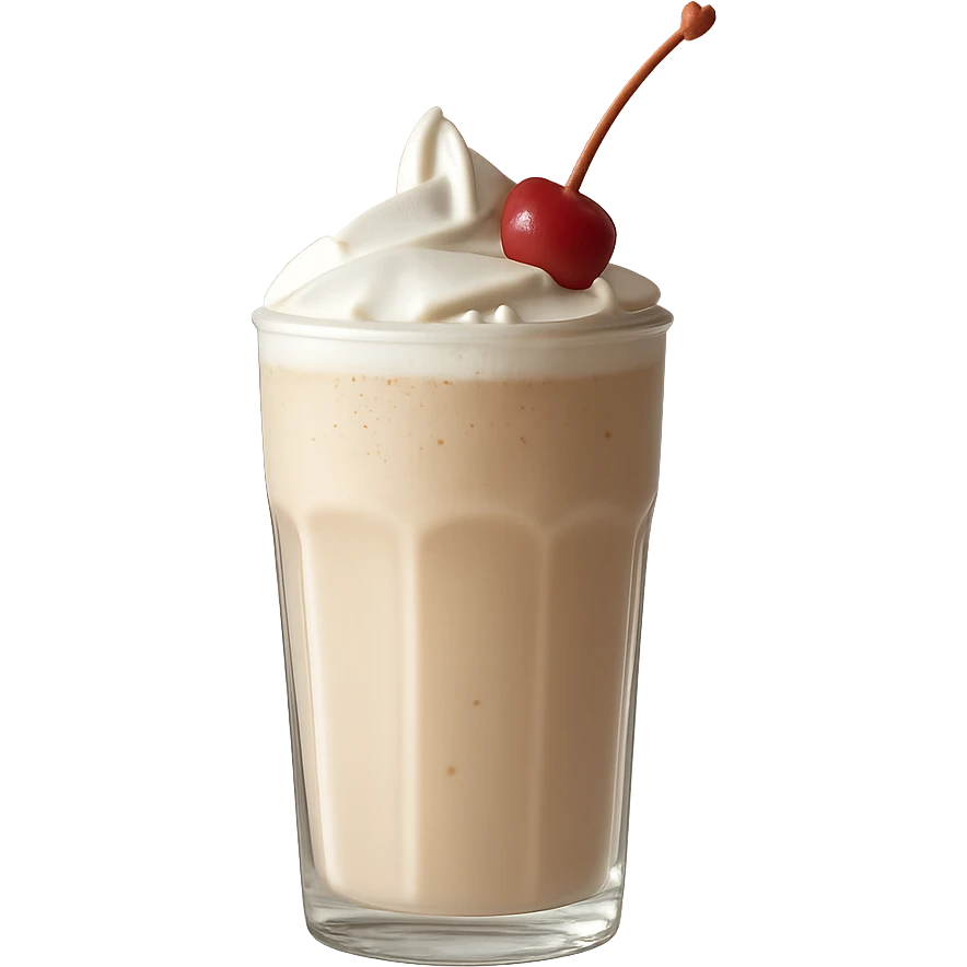 Remove the background and keep only the realistic glass of milkshake with whipped cream and cherry with a transparent background in photorealistic style. emoji