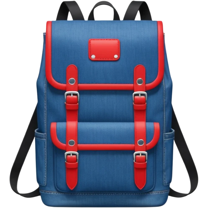 Minimalist emoji-style icon of a stylish blue denim backpack with a flap top, two vertical black buckle straps, a large red-white-navy horizontal block in the center, and two zipper side pockets. Inspired by Tommy Jeans design. Front view, cartoon-like, clean design.

 emoji