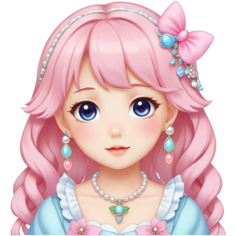 Gorgeous anime style lady with blushing face and accessories cottagecore fairycore Kawaii anime colorful pearly romantic aesthetic trending style emoji