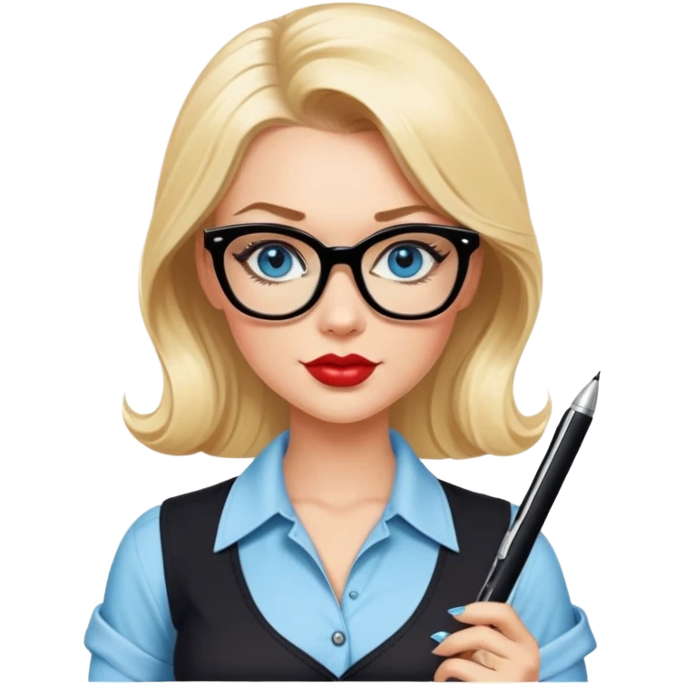 Sexy blonde, blue eyes, wearing black glasses, pinup style sticker holding a pen and note pad  emoji