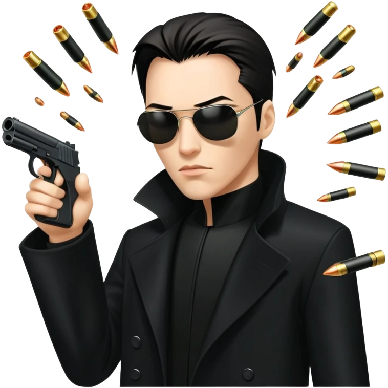 Neo from The Matrix in long black coat, sunglasses, and stopping bullets emoji