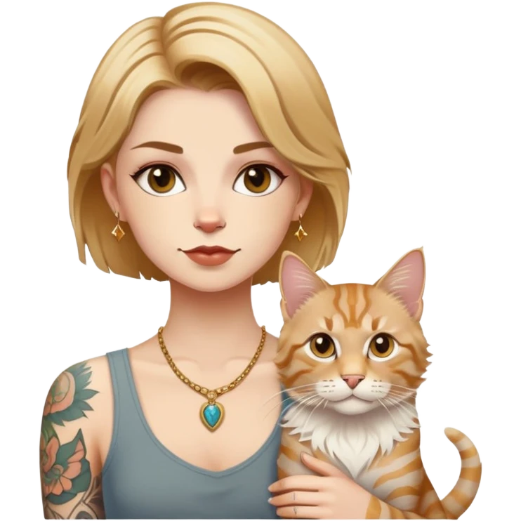 a white girl with Golden cropped short hair and tattoos and A white vesta tabby Maine coon cat emoji