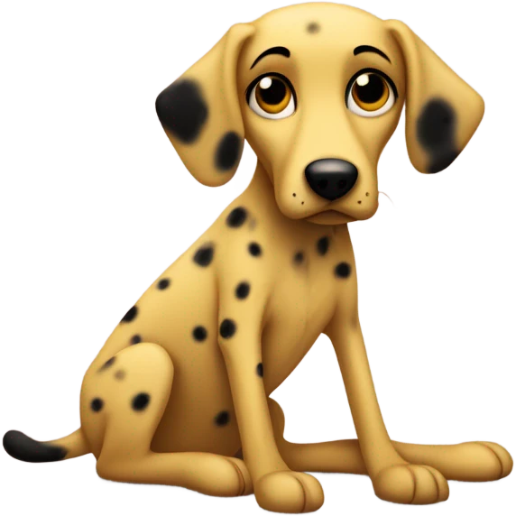 skinny yellow dog with black freckles looking guilty emoji