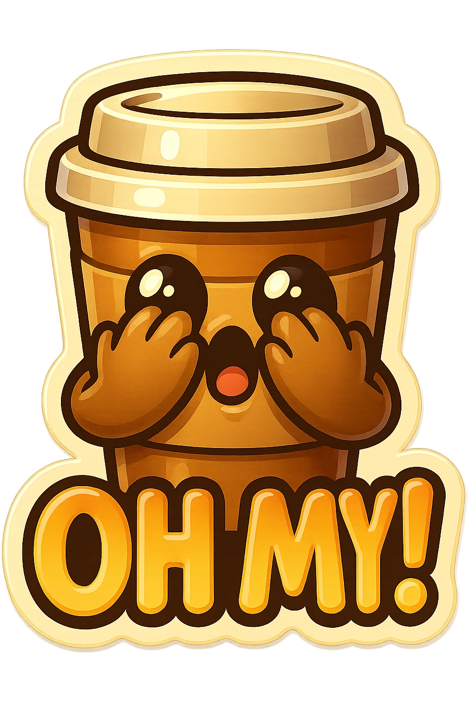 Tall coffee cup, hiding face, peeking through fingers, big "Oh My!" emoji