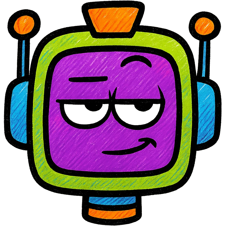 Create a sarcastic-looking robot with the same color scheme: purple face, green frame, orange and blue accents, expressive sarcastic face, but with a different sarcastic expression such as rolling eyes, raised eyebrow, or smirk. Keep the style playful and bold in vibrant pop colors style. emoji