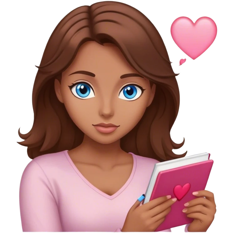 female writer happy, brown hair and blue eyes writing a light pink romance novel with heart emoji