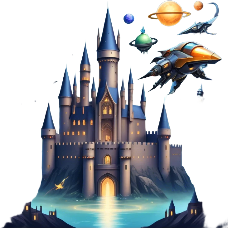 Icon for Fantasy and Sci-Fi Movies: A magical collage with flying dragons. futuristic spaceships and UFOs. Stars and planets shimmer in the background with a mystical castle Hogvards an ancient wizard and robots. The atmosphere is epic, otherworldly and adventurous. Transparent background. emoji