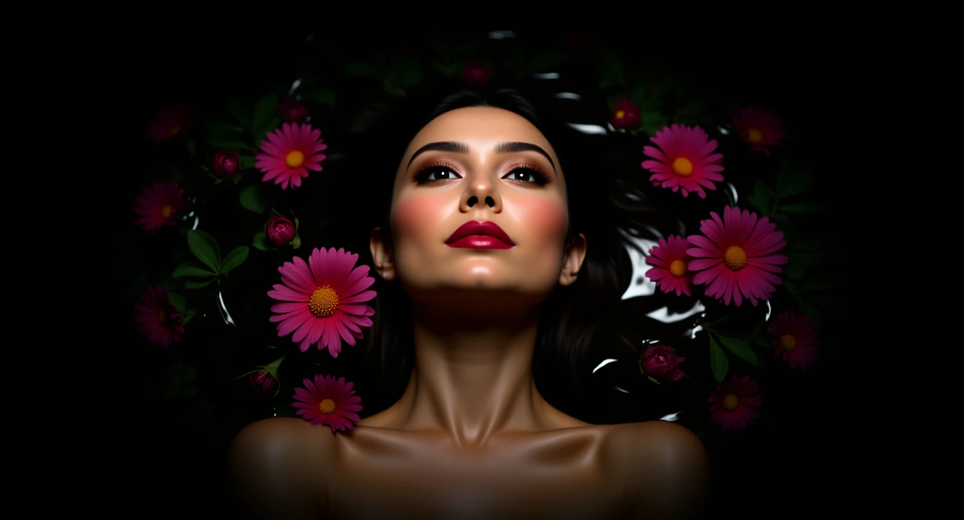 Camera drom top, Motion blur Extreme Closeup photo of a beautifull woman lay around beautifull colorfull flowers in water, cinematic light, 8K, very detailed, sharp, depth (foreground, midground, background) Spotlight, dark environemnt emoji