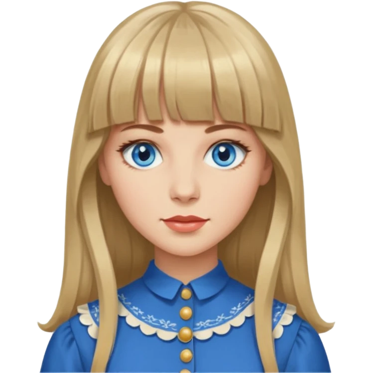 Woman with long dark blond hair and bang, blue eyes, vintage clothe emoji emoji