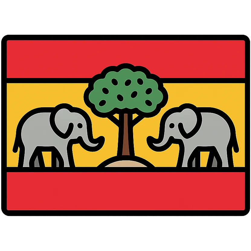 flag design with Spain's red and yellow colors, stylized syrissa tree in the center, elephant on each side, balanced emblematic composition emoji