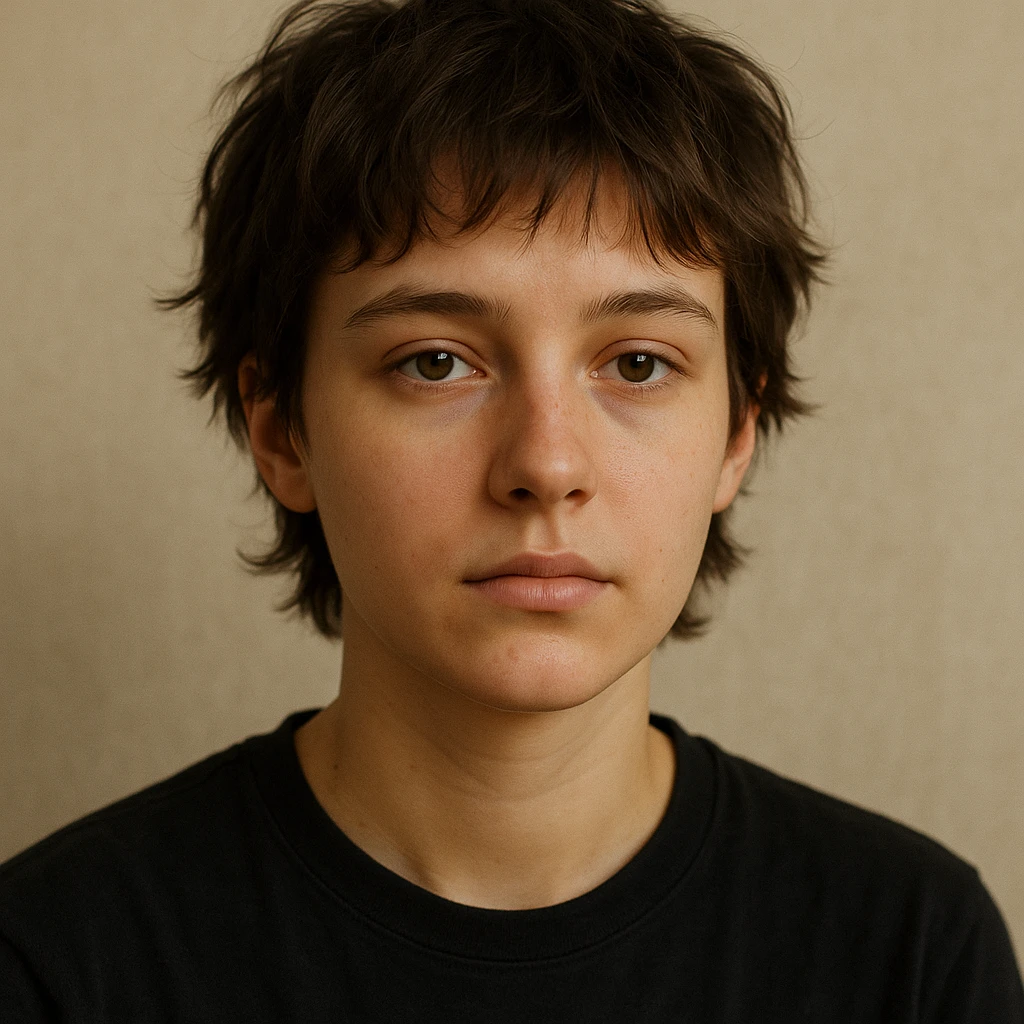 realistic portrait of a young person with short tousled brown hair, light skin, neutral expression, inspired by the reference image emoji