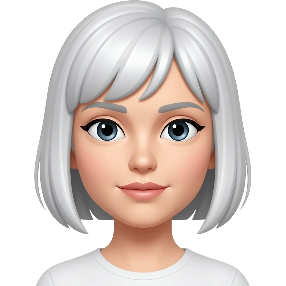 Slanted eyes, white skin, short hair, straight hair, black eyes, shes eyes are short in length and very slightly wide. emoji
