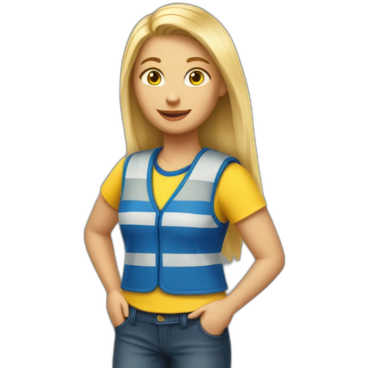 Ikea coworker blond woman blue t-shirt stripe and yellow vest emoji