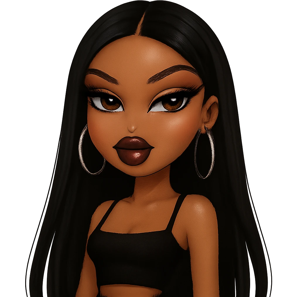 pretty Bratz baddie with black straight hair, brown skin, pretty makeup, dark brown eyes emoji