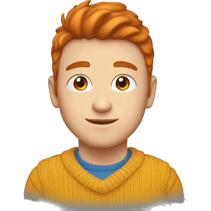 Un jeune homme roux habillée avec un pull bleu et un col blanc emoji
