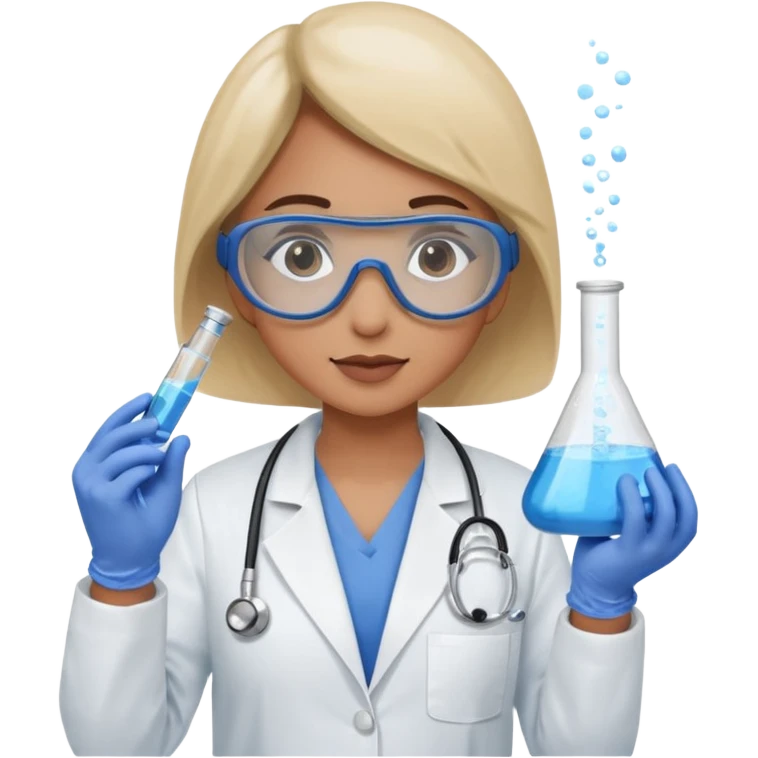 A person wearing safety goggles, a stethoscope, and a white coat. They are wearing blue protective gloves. In their hand, they are holding a test tube containing chemicals. emoji