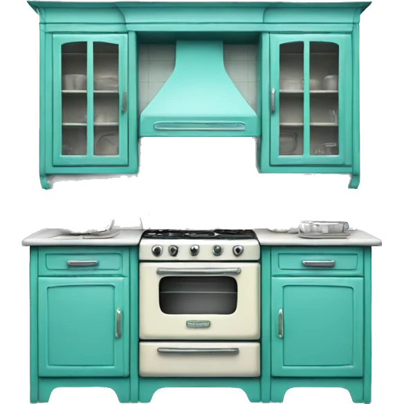 Isolated full length Realistic turquoise vintage retro kitchen range with cabinets and counters. emoji
