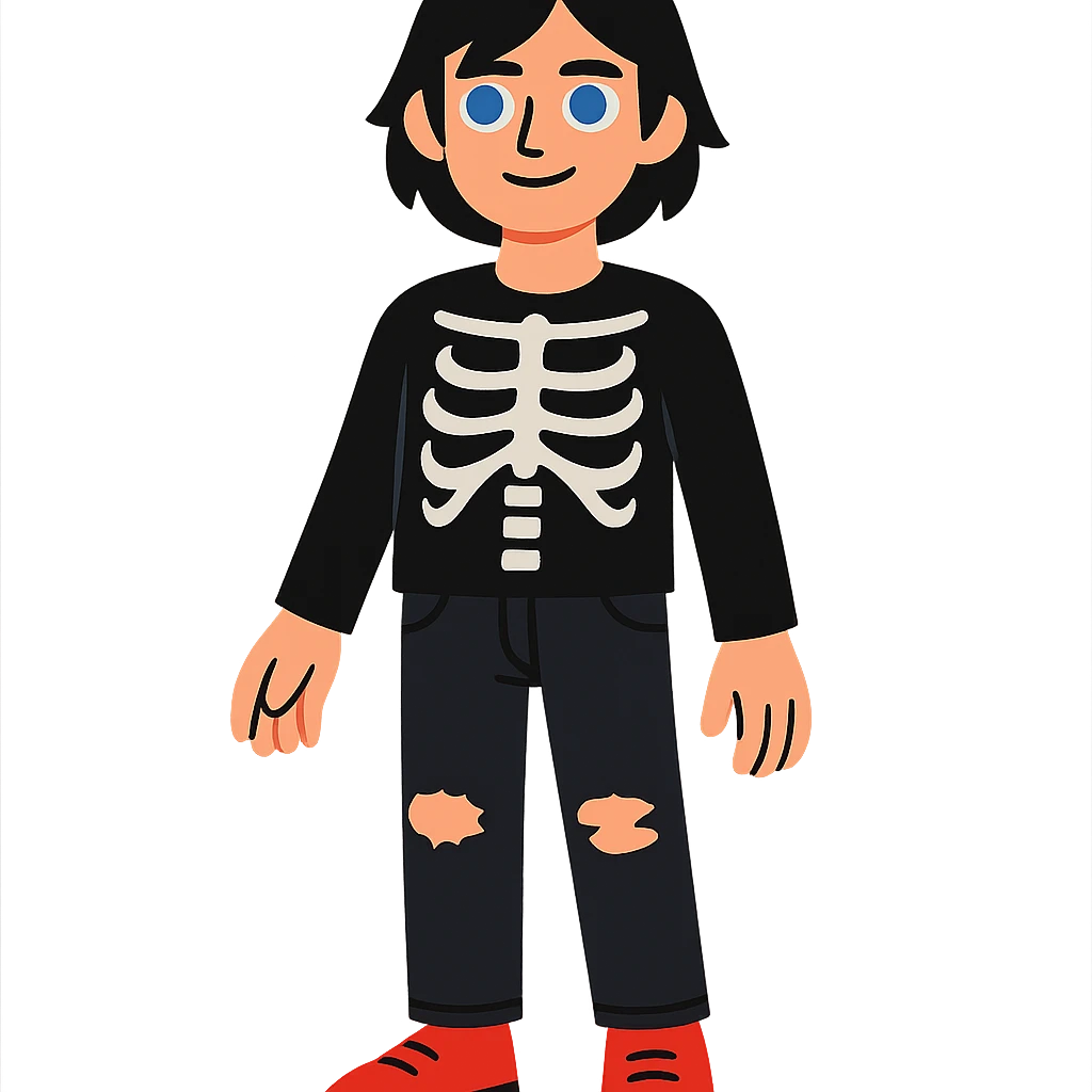 black-haired, blue-eyed person wearing a black skeleton top and ripped black jeans emoji