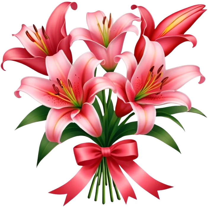 Shell Pink color lilies bouquet and silk ribbon of Scarlet color emoji